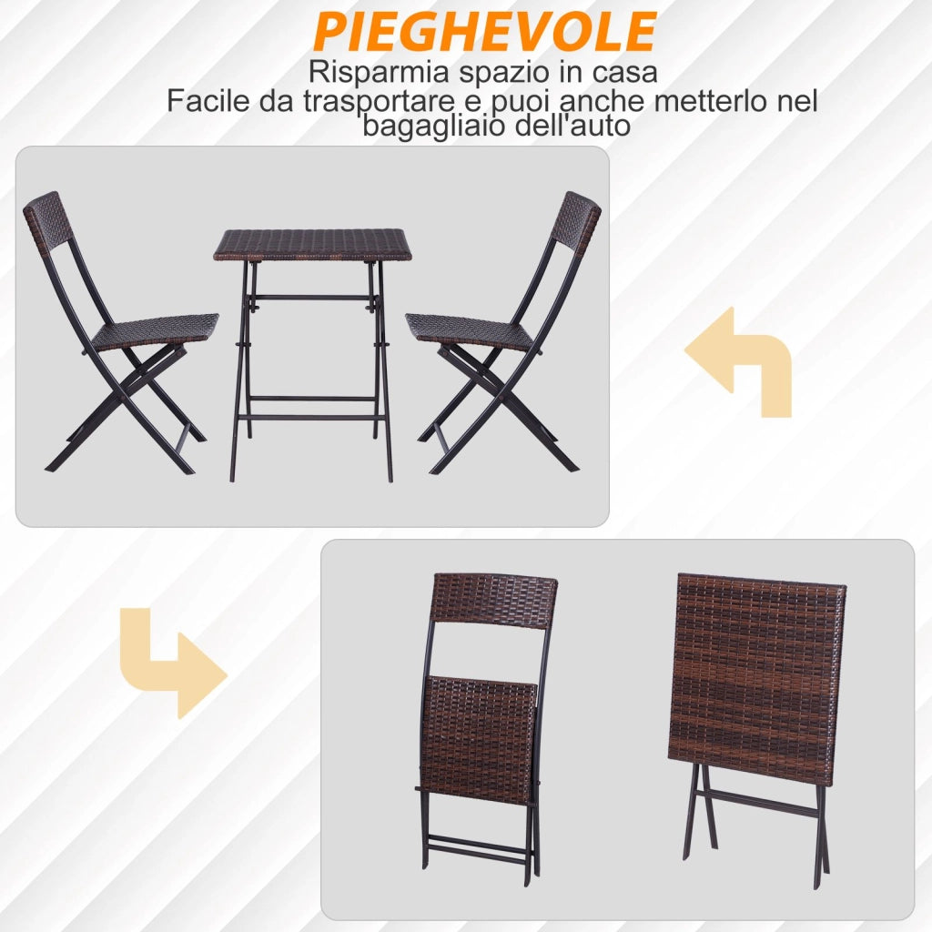 EasyComfort Set da Giardino Pieghevole da 3 Pezzi in Rattan PE e Metallo, Set 2 Sedie e Tavolino da Caffè, Protezione dai Raggi UV, Set di Mobili da Balcone, per Patio e Cortile, Marrone