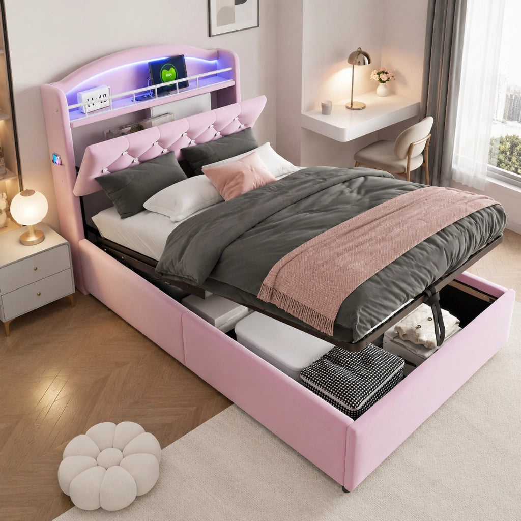 DESMIU Lit enfant 90 × 200 cm con contenitore, LED, 3 USB e Type-C, senza materasso, in velluto, rosa