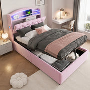 DESMIU Lit enfant 90 × 200 cm con contenitore, LED, 3 USB e Type-C, senza materasso, in velluto, rosa