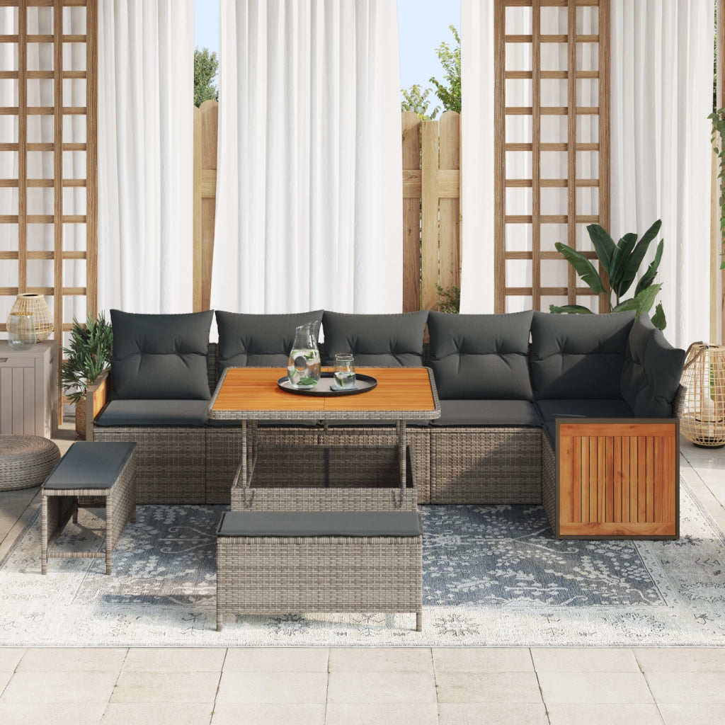 Set divani da giardino  9 pezzi con cuscini grigio polyrattan acacia