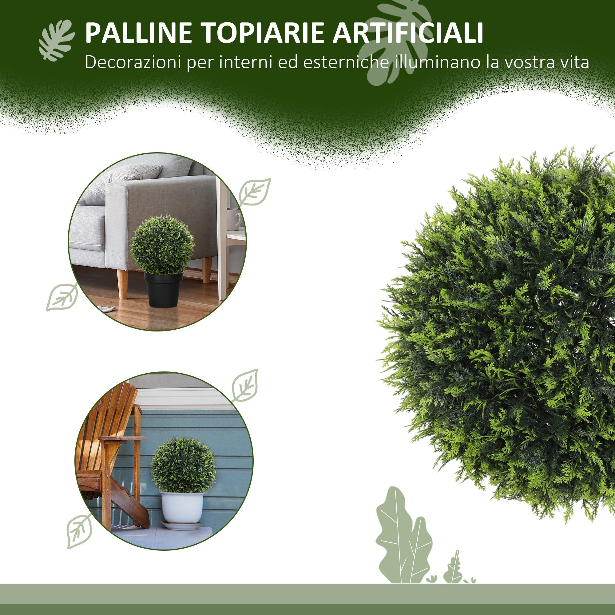 Set di 2 Piante Artificiali a Sfera Ø45 cm con Foglie di Cedro per Casa e Giardino Verde