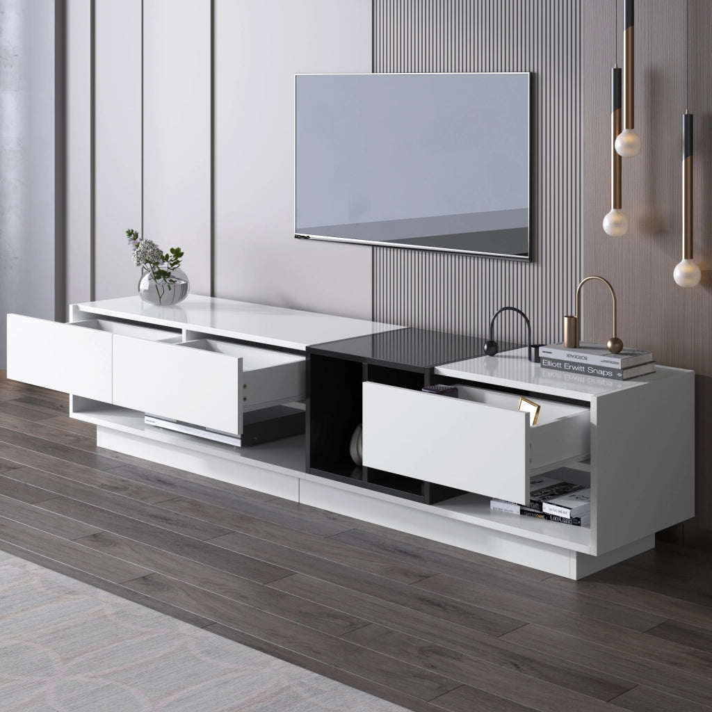 OKWISH Mobile TV con 3 Cassetti e 2 Vani Aperti, Finitura Lucida, per Soggiorno, Bianco e Nero, 190×40×42 cm