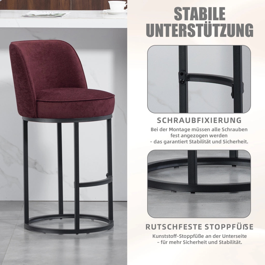 Set di 2 Sgabelli da Bar con Schienale Ergonomico e Poggiapiedi; per Cucina e Bancone; Lino Rosso Vino