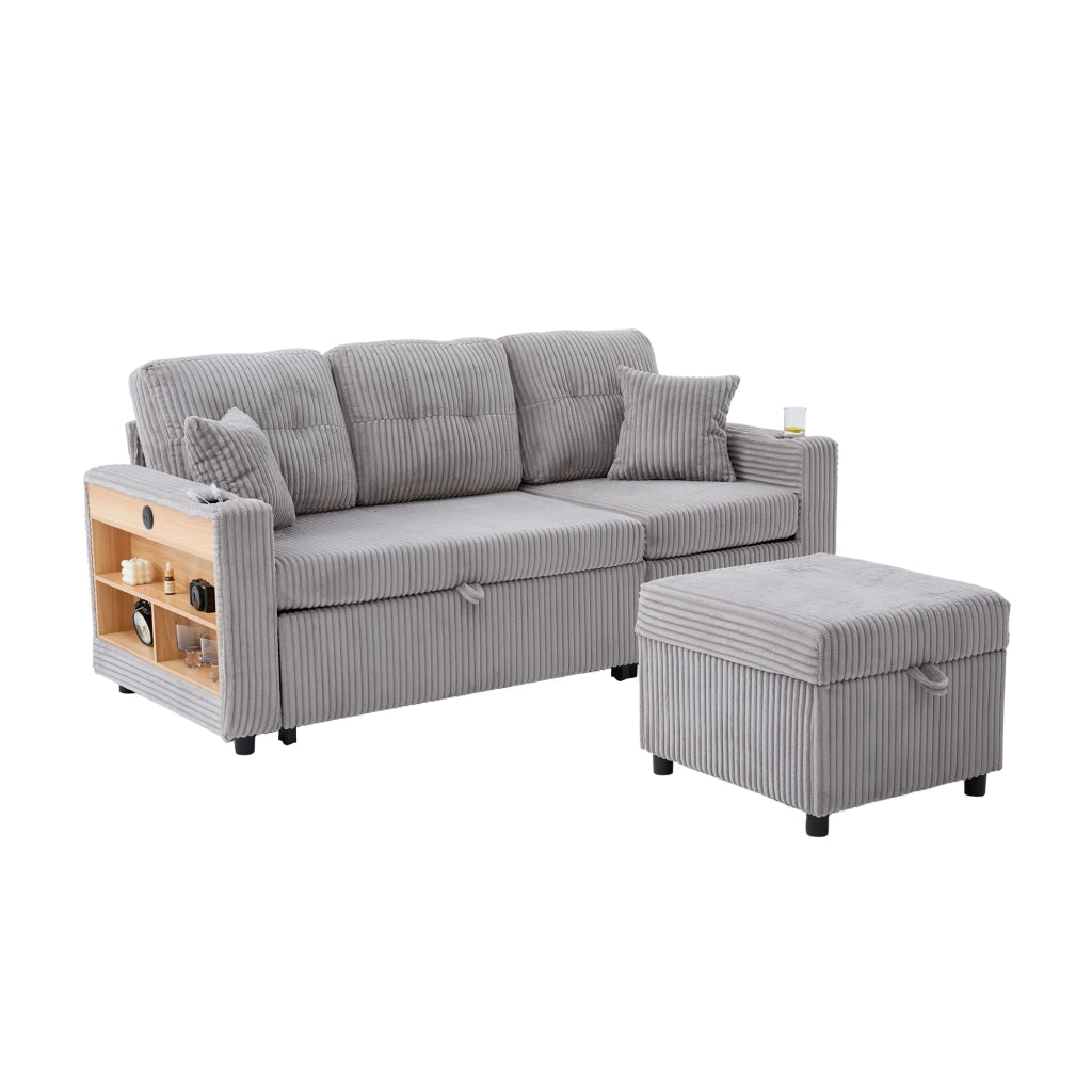 Divano letto con contenitore estraibile con USB-C e LED in velluto a coste grigio chiaro 196 × 82 × 85 cm
