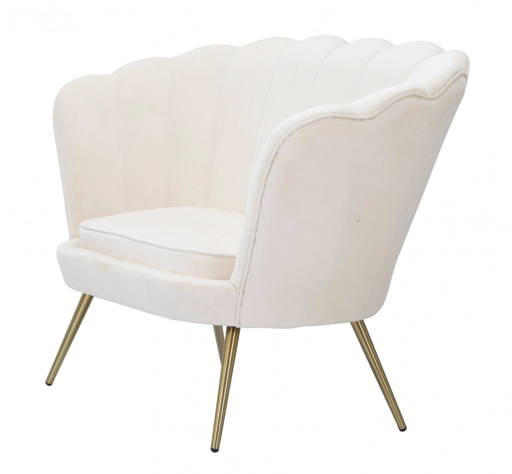 Divanetto 2 posti in velluto, colore crema, con gambe dorate dal particolare design che richiama i petali di un fiore, Misure 74 x 84 x 130 cm