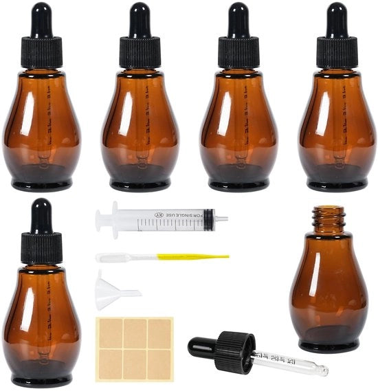 Set di fiale per gocce in vetro da 30ml - Amber - Set di 6 fiale - Sensibile alla luce - Ideale per oli essenziali - Fiale per gocce con pipetta