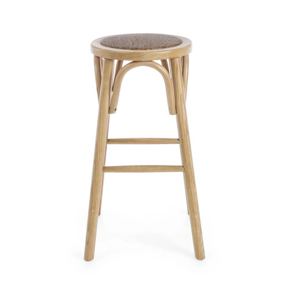 Sgabello da bar in legno di olmo con seduta in rattan naturale - CROSS
