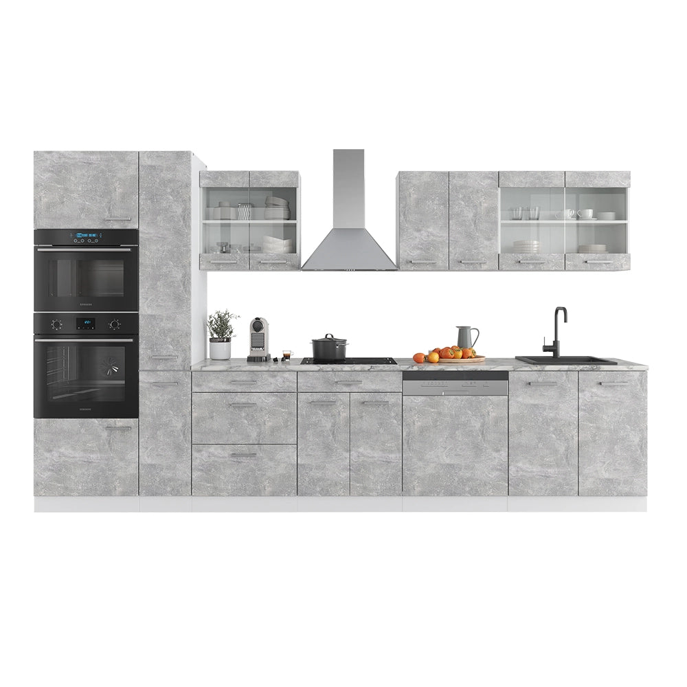 Mobile da cucina R-Line Calcestruzzo/Bianco 350 cm con armadio alto, PL Rovere Vicco