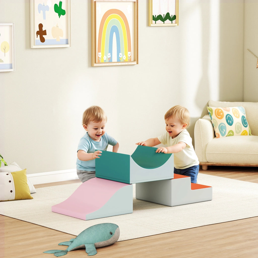 Set 3 Pezzi Blocchi Morbidi da Arrampicata per Bambini in Ecopelle e Schiuma EPE Grigio Chiaro Resistente