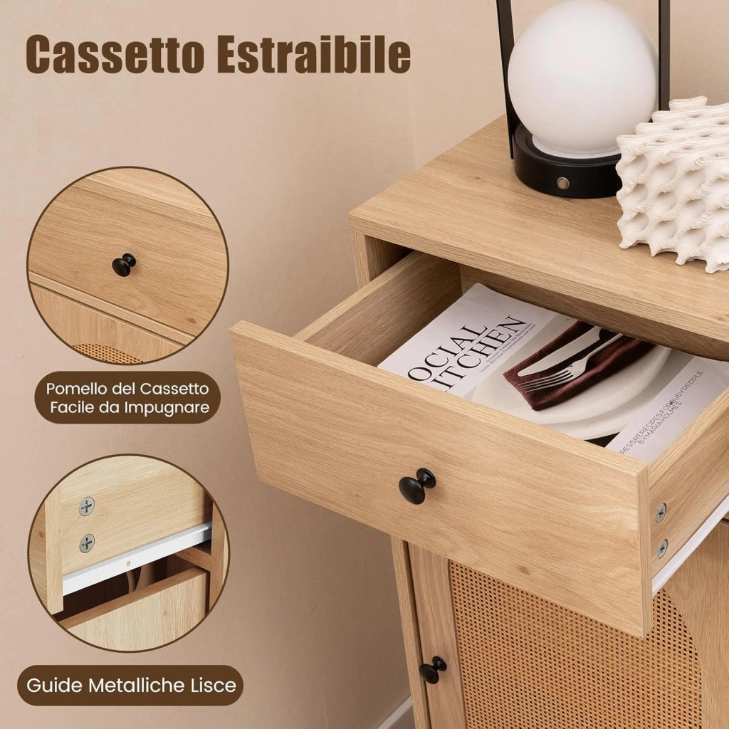 Mobiletto con Ripiano Regolabile su 3 Livelli, Armadietto con 1 Cassetto & 1 Anta in Rattan PE, Comodino Antiribaltamento con Piedini Regolabili, per Soggiorno & Salotto, 40 x 30 x 91 cm