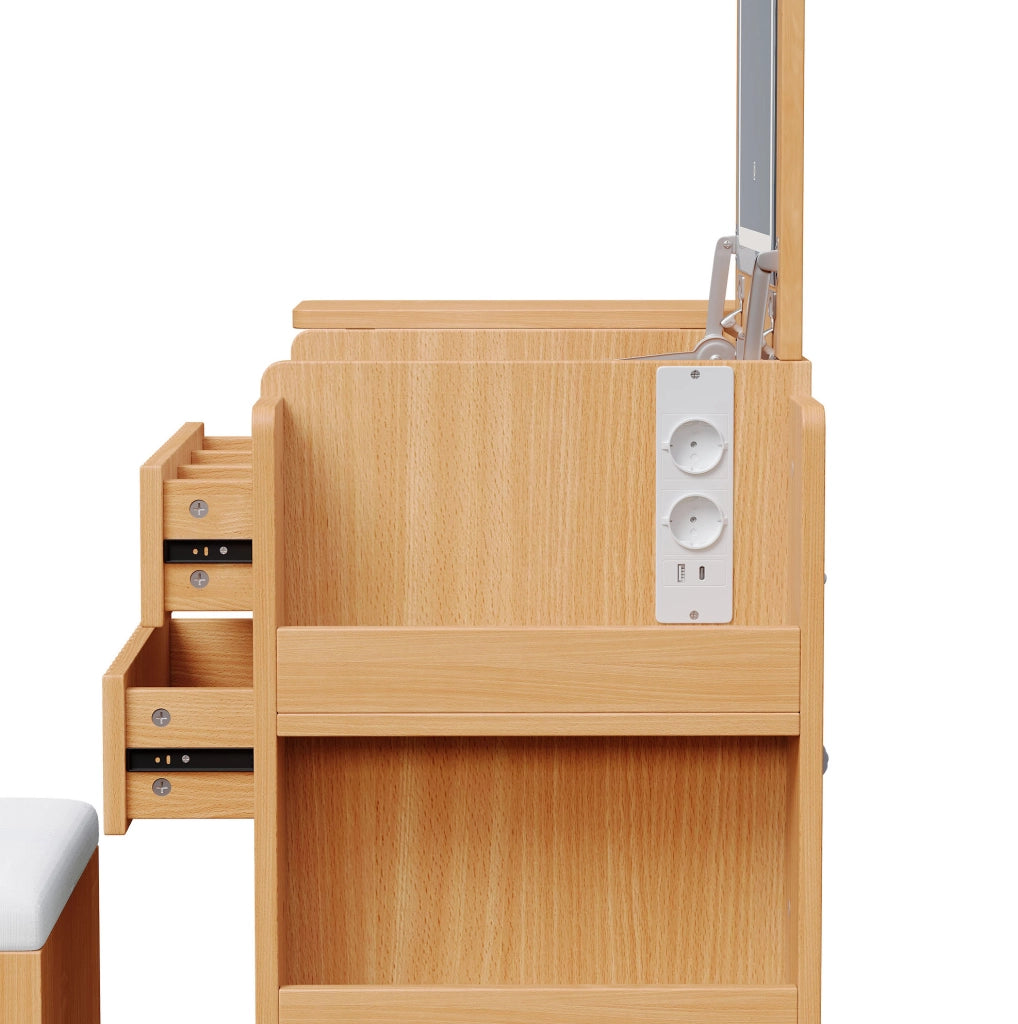 Tavolo da trucco con specchio LED pieghevole; 3 cassetti; USB e Type-C; naturale
