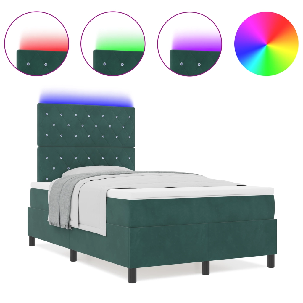 Letto Box Spring con Materasso e LED Verde Scuro 120x190 cm Velluto