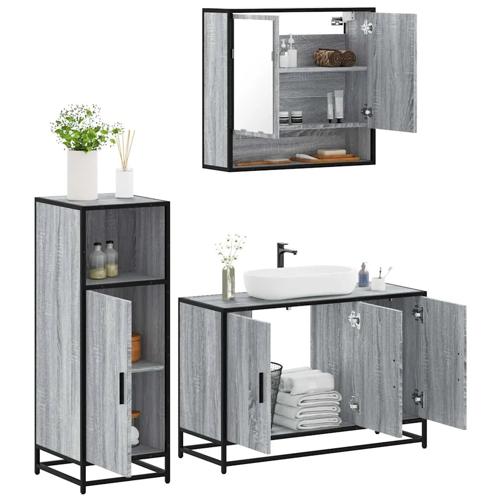 Set Mobili da Bagno 3 pz Grigio Sonoma in Legno Multistrato