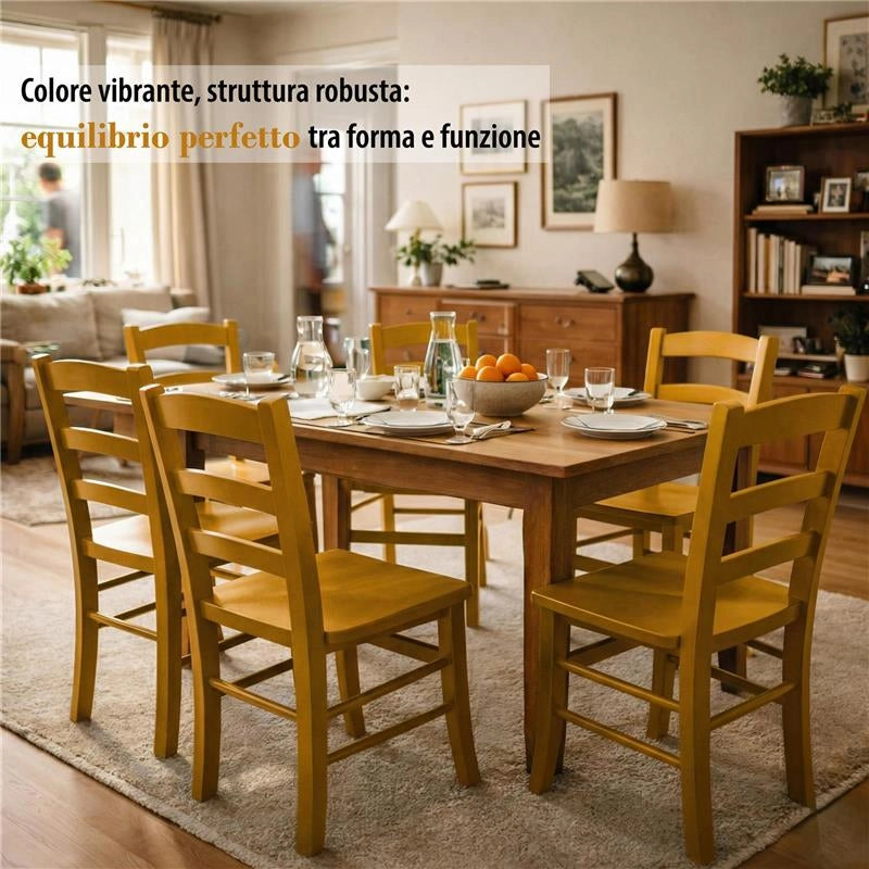 SET 4 SEDIE PAESANA IN LEGNO CON SEDUTA COMPATTA E SCHIENALE ALTO H 88 X L 45 X P 45 CM COLORE GIALLO