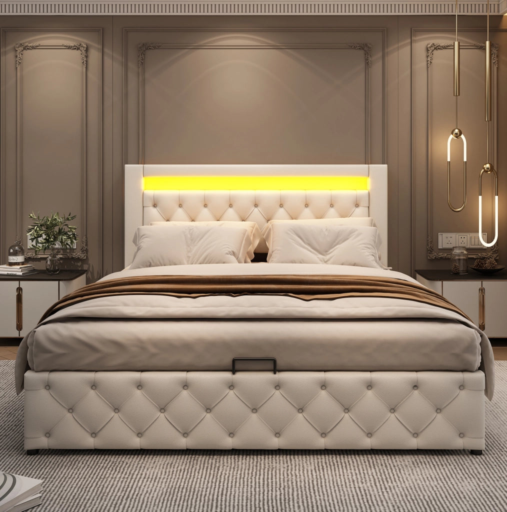 Letto imbottito 160x200 cm con contenitore, rete a doghe e LED