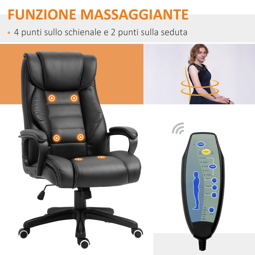 EasyComfort Poltrona Massaggiante da Ufficio a 6 Punti con Altezza Regolabile, in Similpelle Nera, 66x78x112-120 cm