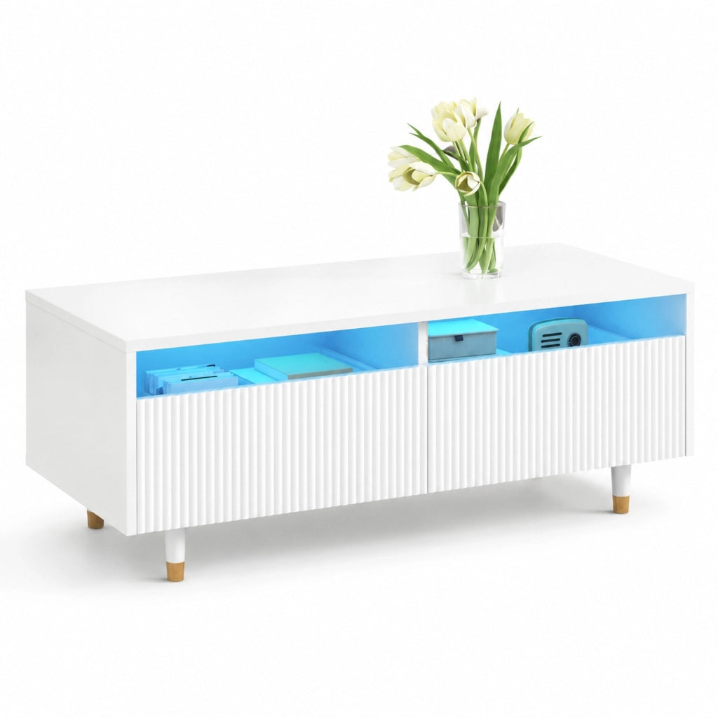 Tavolino da caffè LED bianco 110×50×40 cm con 2 cassetti