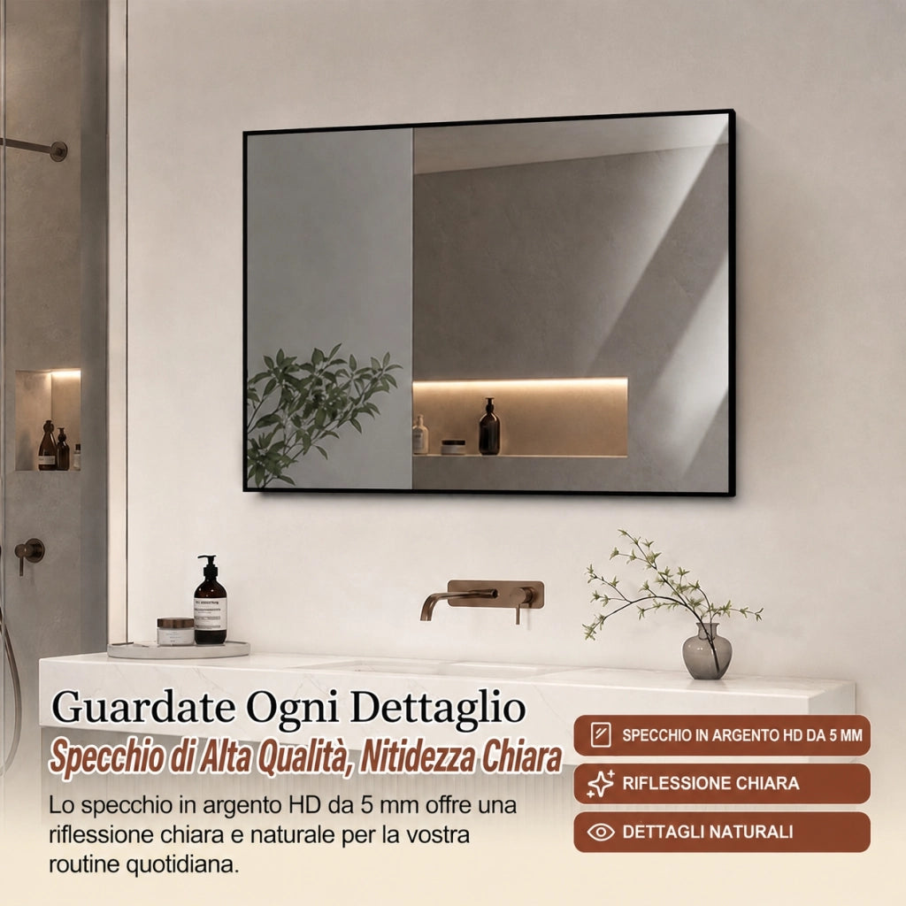 Specchio bagno 50x70 cm con cornice in alluminio nero; specchio senza rame hd