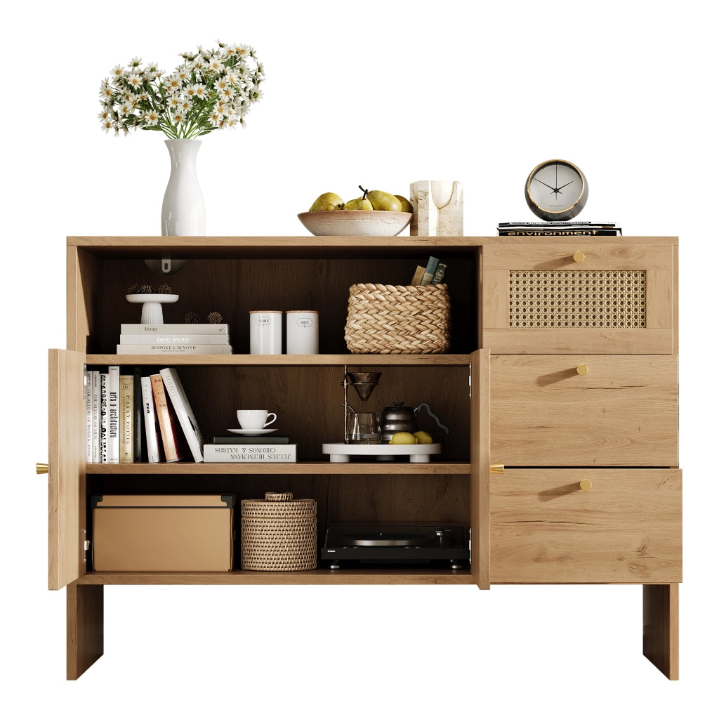 Credenza con 2 Ante e 3 Cassetti in Legno con Rattan ¨C MINIMAL ¨C 105x40x76