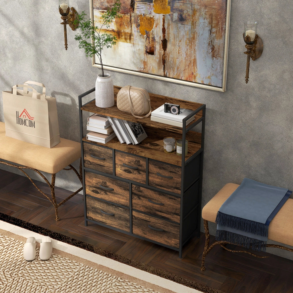 Cassettiera 7 Cassetti Rimovibili con 2 Ripiani Industriale in Legno e Acciaio, 79x29x101 cm, Marrone e Nero