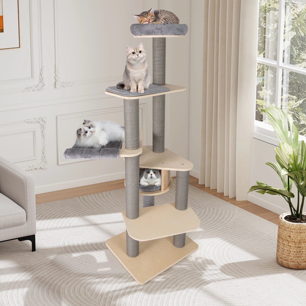 Tiragraffi alto 197 cm torre gatti pi¨´ livelli trespolo imbottito superiore, Condominio privato materassini staccabili pali graffiare amaca confortevole