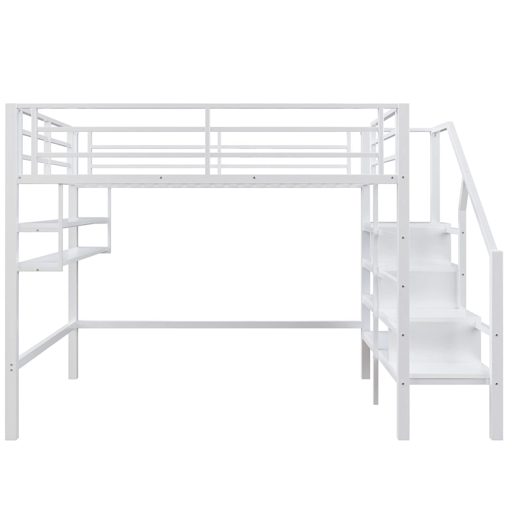 Letto a soppalco per bambini 140x200 cm con mensole; scala contenitore e barriera bianco