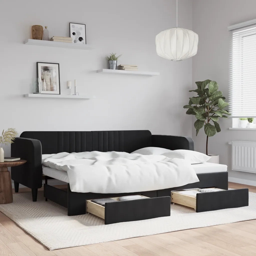 Divano letto | Sof¨¤ letto | Letto singolo Estraibile con Cassetti Nero 90x200 cm in Velluto