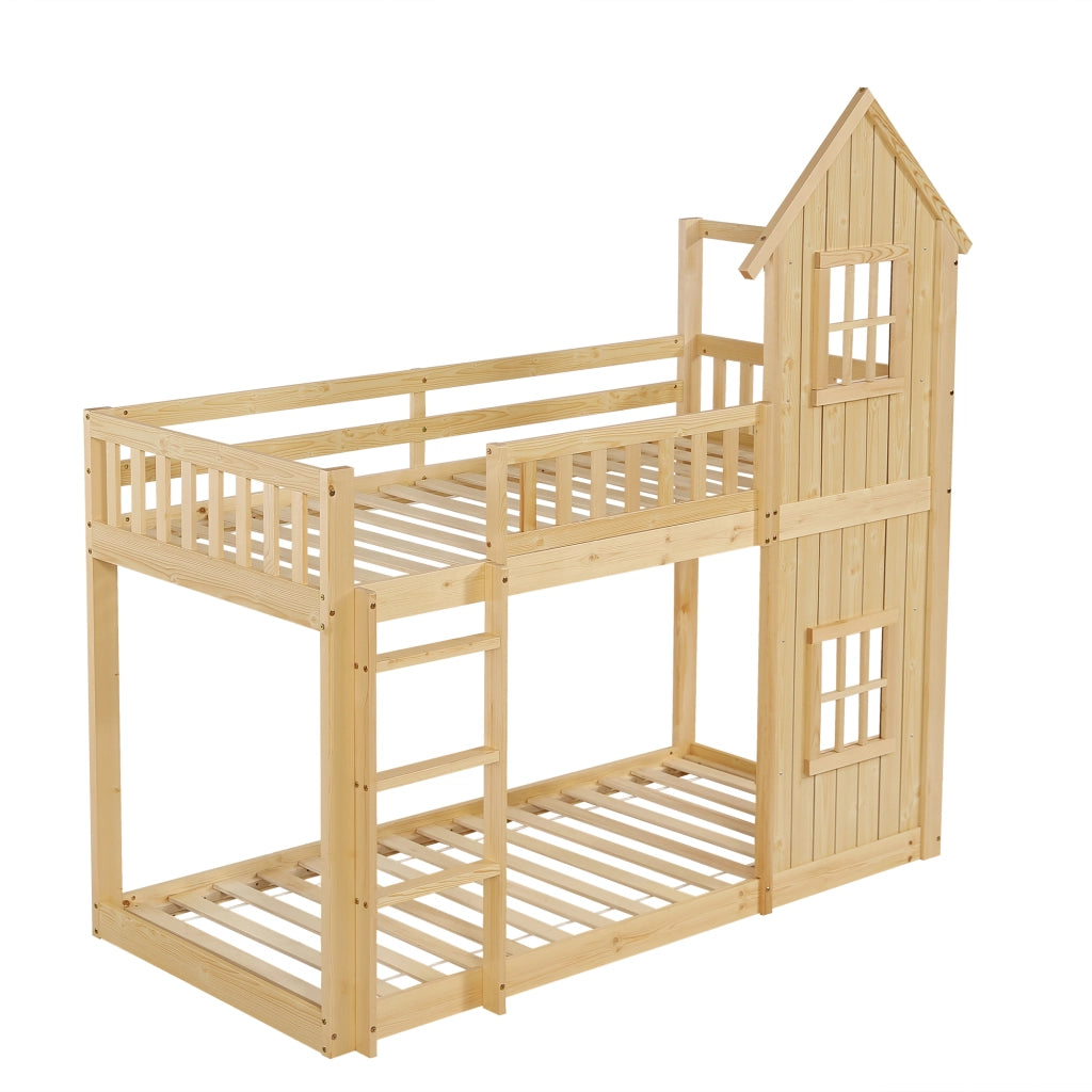 Letto a Castello 90x200 cm - Scala a 3 Gradini; Finestre e Sponde - Legno Naturale