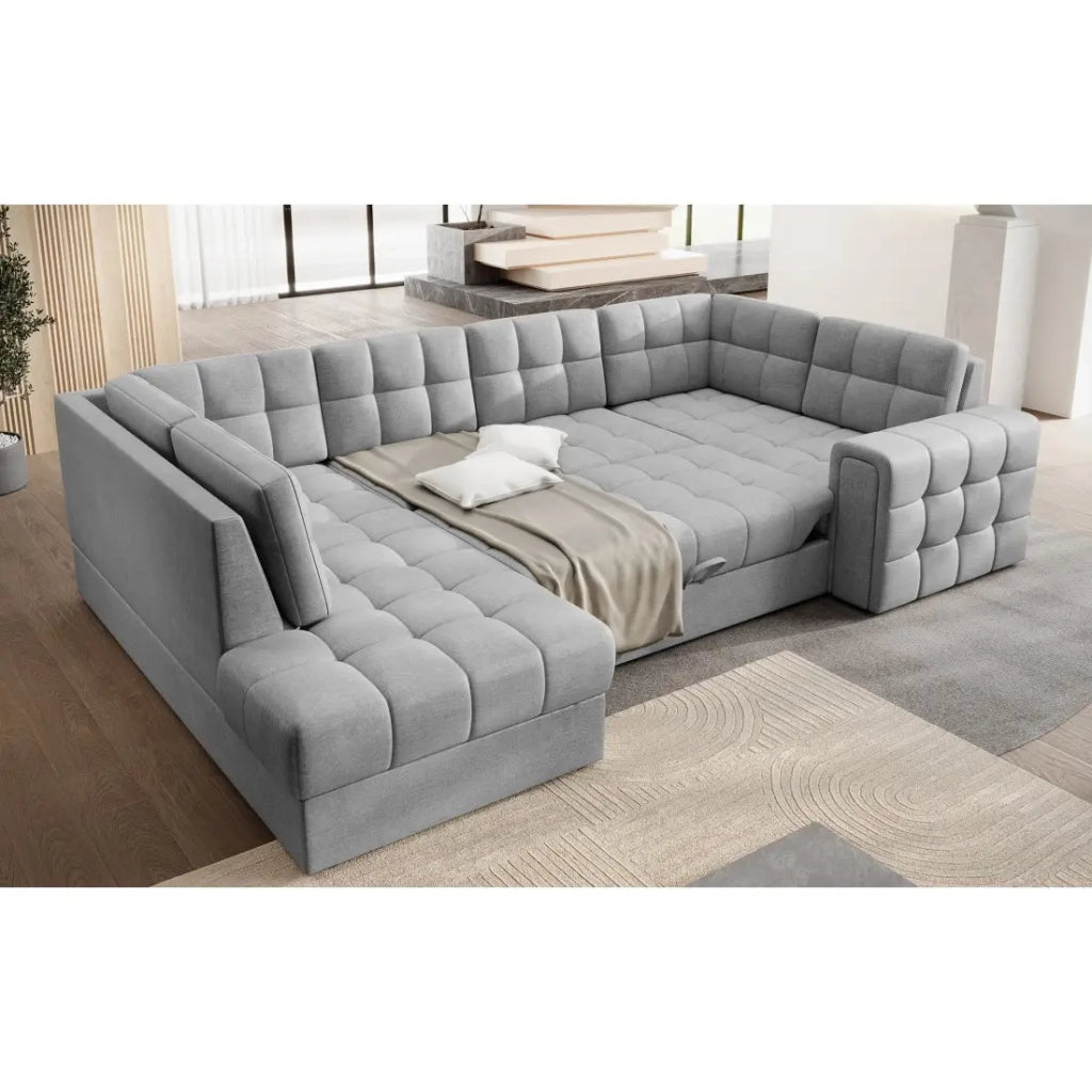 Divano ad angolo convertibile MONTEZA grigio sinistro 299 cm con contenitore e letto