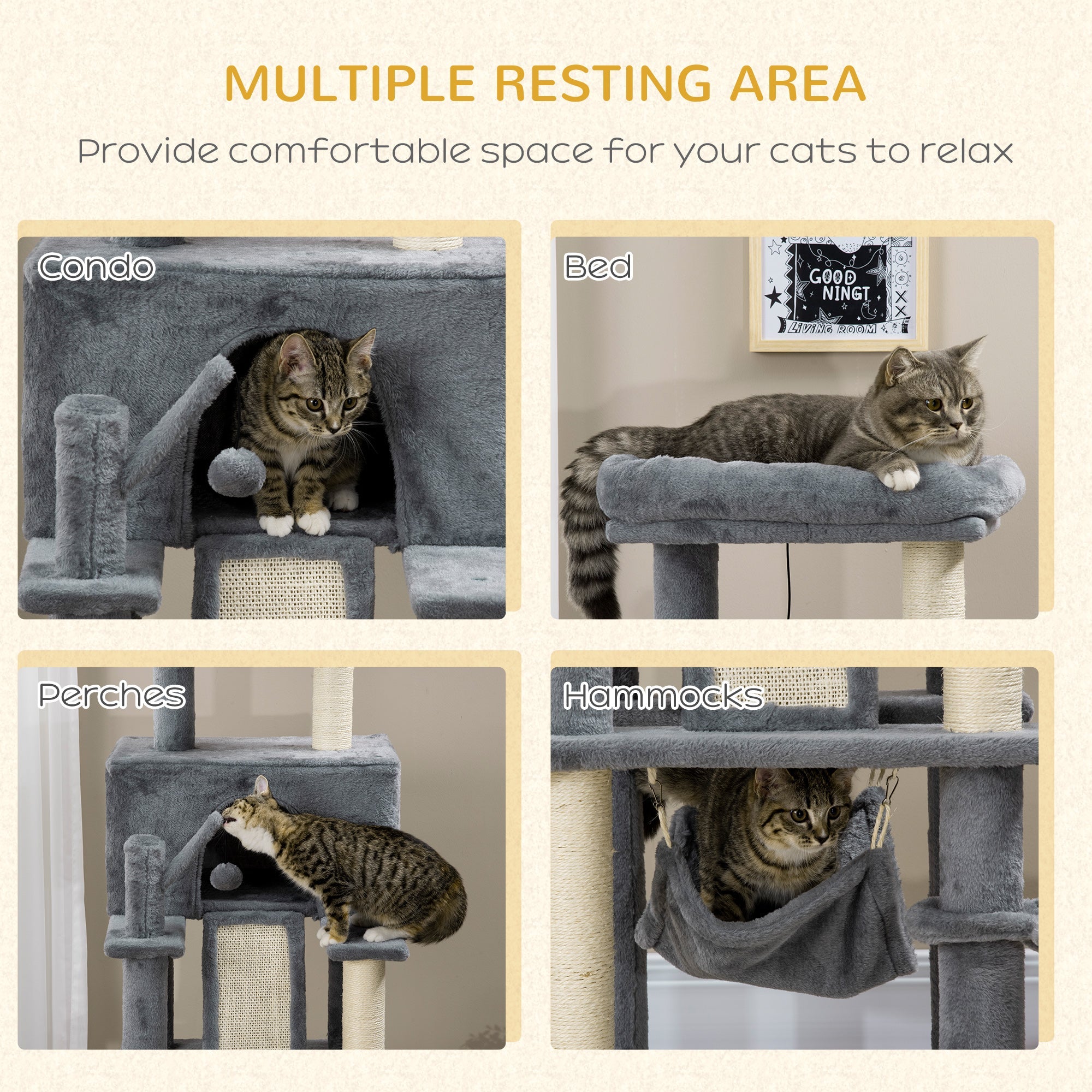 Albero Tiragraffi per Gatti 48x48x140 cm con Pali in Sisal Grigio