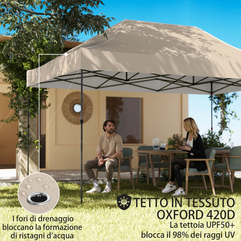 Gazebo Pop Up Pieghevole 430x290x315 cm con Pareti Laterali e Finestre in Metallo e Tessuto Oxford Marrone Sabbia