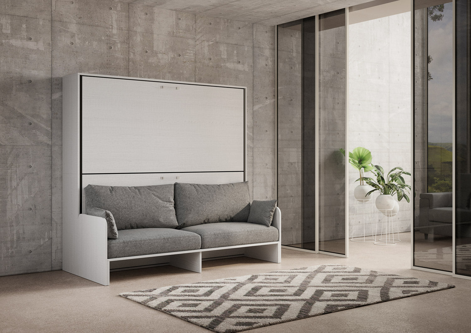 Letto Doppio A Scomparsa Kando Con Divano Bianco Frassino e Grigio