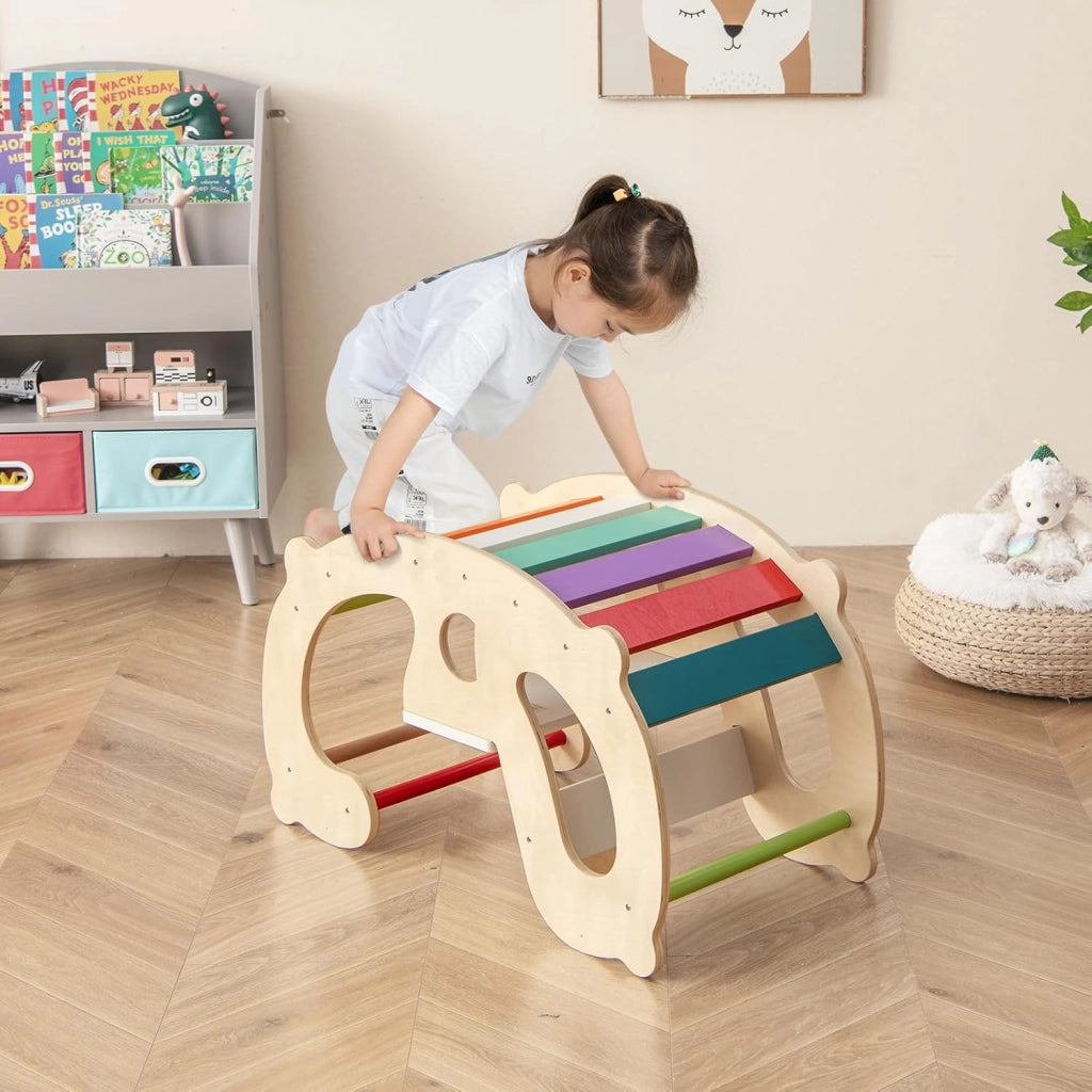 2 in 1 Arco da Arrampicata per Bambini, Arrampicata ad Arco con Dondolo Schienale e Sedile, Cavallo a Dondolo in Legno per Bambini 1 Anni +