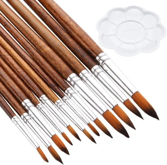 Set di Pennelli 12 pezzi - Pennelli in legno - Palette 8,5 cm - Adatto per acrilico/olio/gouache - Materiali artistici - Comodo da utilizzare - Set di pennelli per pittura