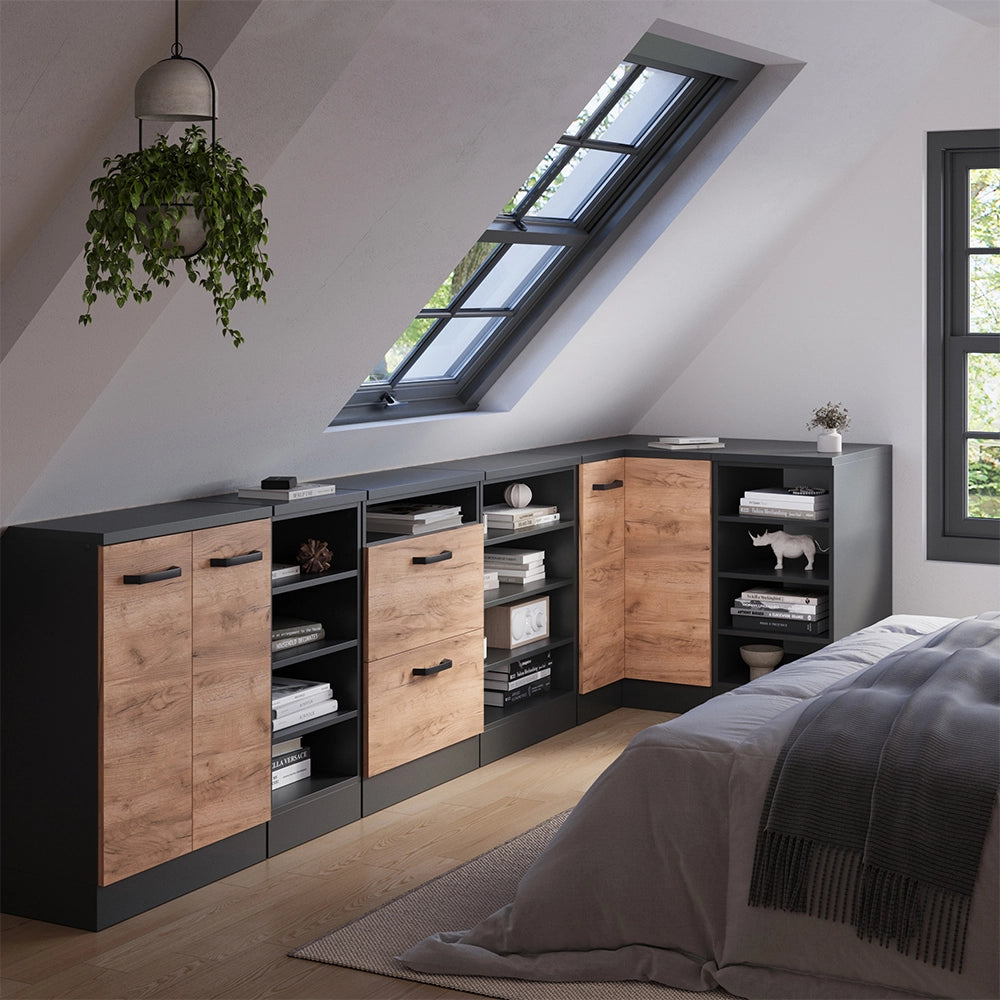 Mobile cucina angolare per sottotetto R-Line Rovere dorato/Antracite 75.6 cm con 1 porta, carcassa dell’armadio profondità 60 cm Vicco