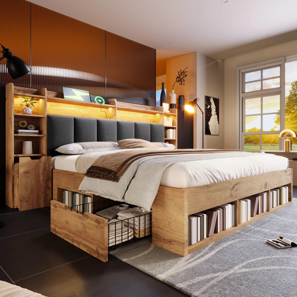 Letto in legno con testiera LED, comodini USB-C e cassetti, 160x200 cm, quercia