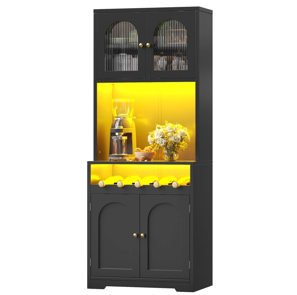 Credenza alta 70x38.3x180 cm con LED RGB; ante in vetro ondulato; ripiani regolabili; nera