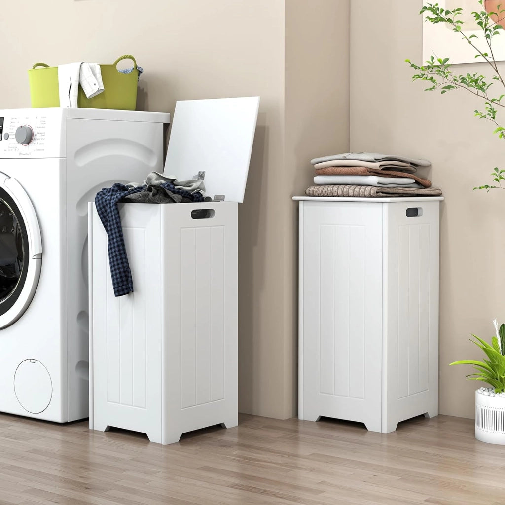 34 L Mobile Portabiancheria per Bagno, Cesto Organizzazione Lavanderia in Legno, in Stile Moderno, 30 x 30 x 61 cm, Bianco (Con Borsa Interna)