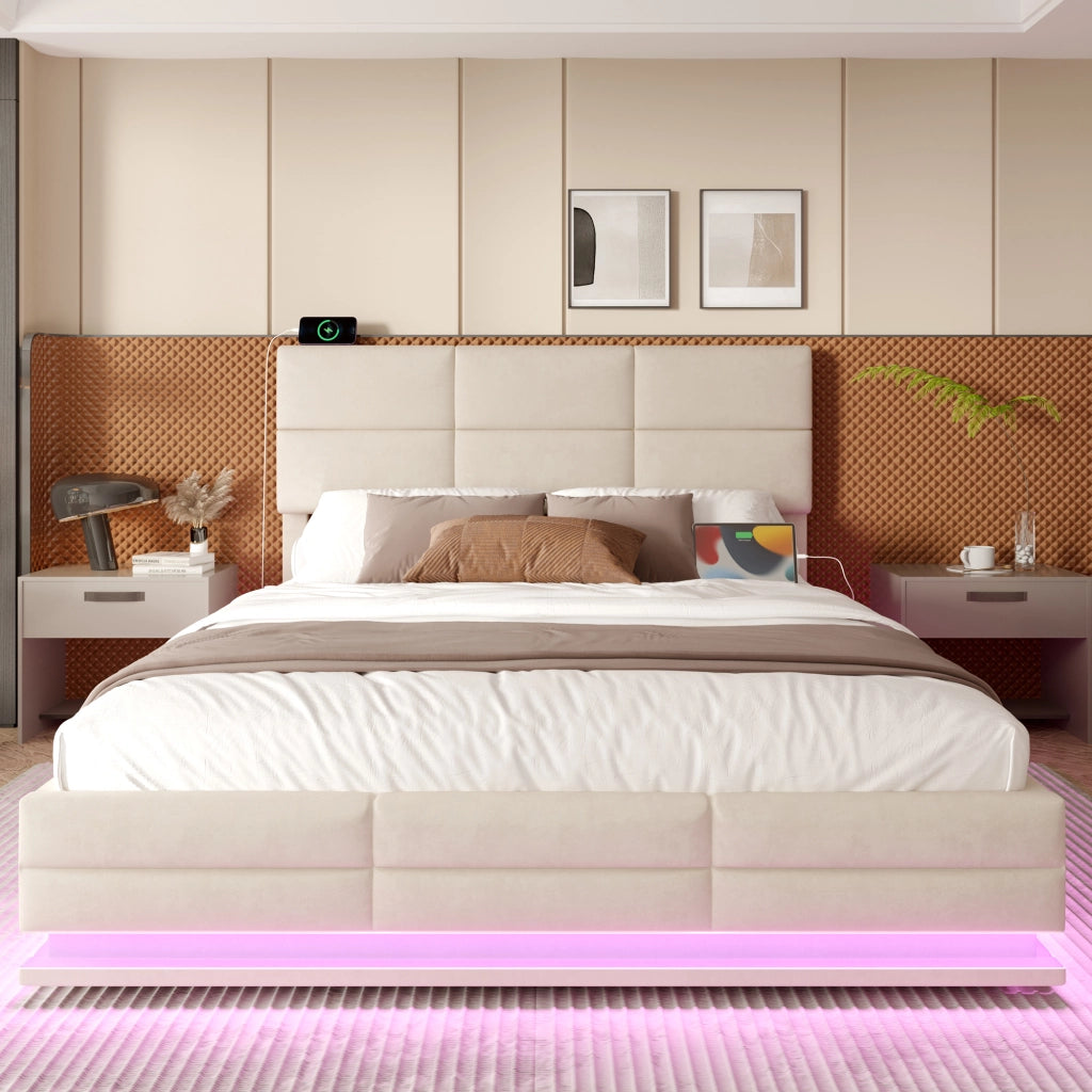 OKWISH Letto Contenitore 160×200 cm, Letto Matrimoniale con USB, Tipo C, LED Regolabile e Testiera Regolabile, senza Materasso, Velluto, Beige