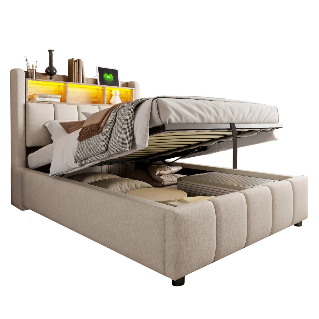 Letto imbottito 90x200 cm in tessuto effetto lino beige con LED; USB-C e contenitore idraulico