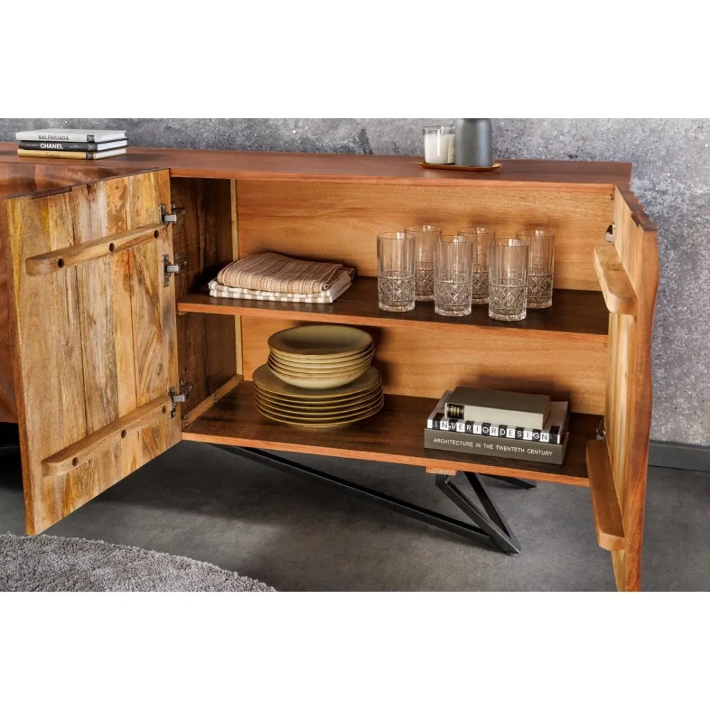Buffet ZENWOOD 180 cm – Legno massiccio scolpito 3D e metallo nero – 4 porte