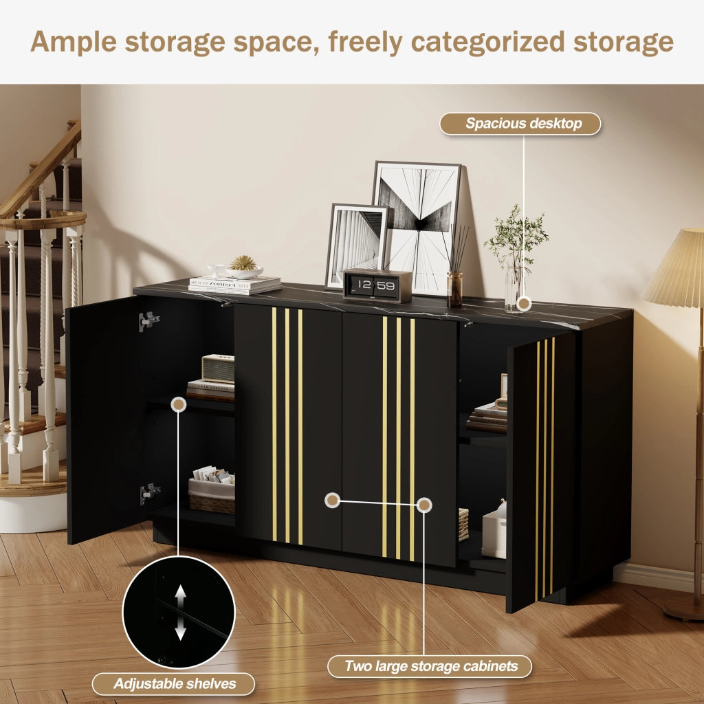 Credenza Nera e Oro Mobile Soggiorno 4 Ante Madia 140x35x70 cm