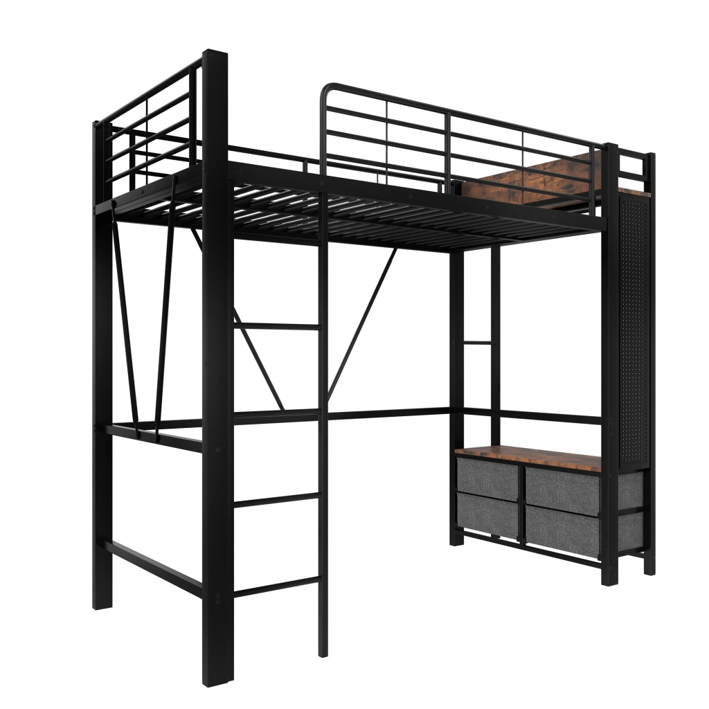 Letto a Soppalco Letto Singolo con 4 Cassetti; USB; Tipo C e LED 90 × 200 cm; senza Materasso; Nero
