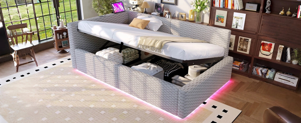 Letto divano 90 × 200 cm con contenitore idraulico, LED, 2 USB et Type-C, senza materasso, in velluto grigio