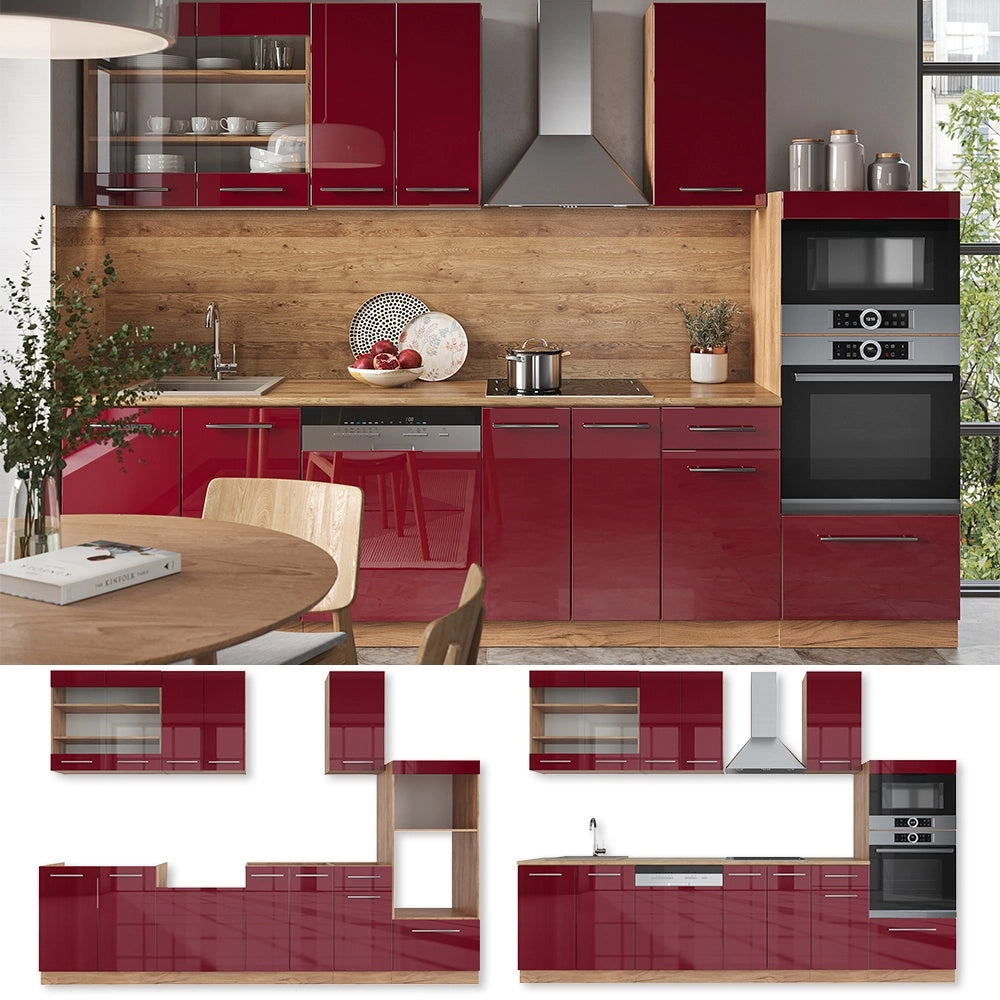 Cucina componibile Fame-Line Bordeaux lucido/Rovere dorato 300 cm con armadio alto, PL Marmo Vicco