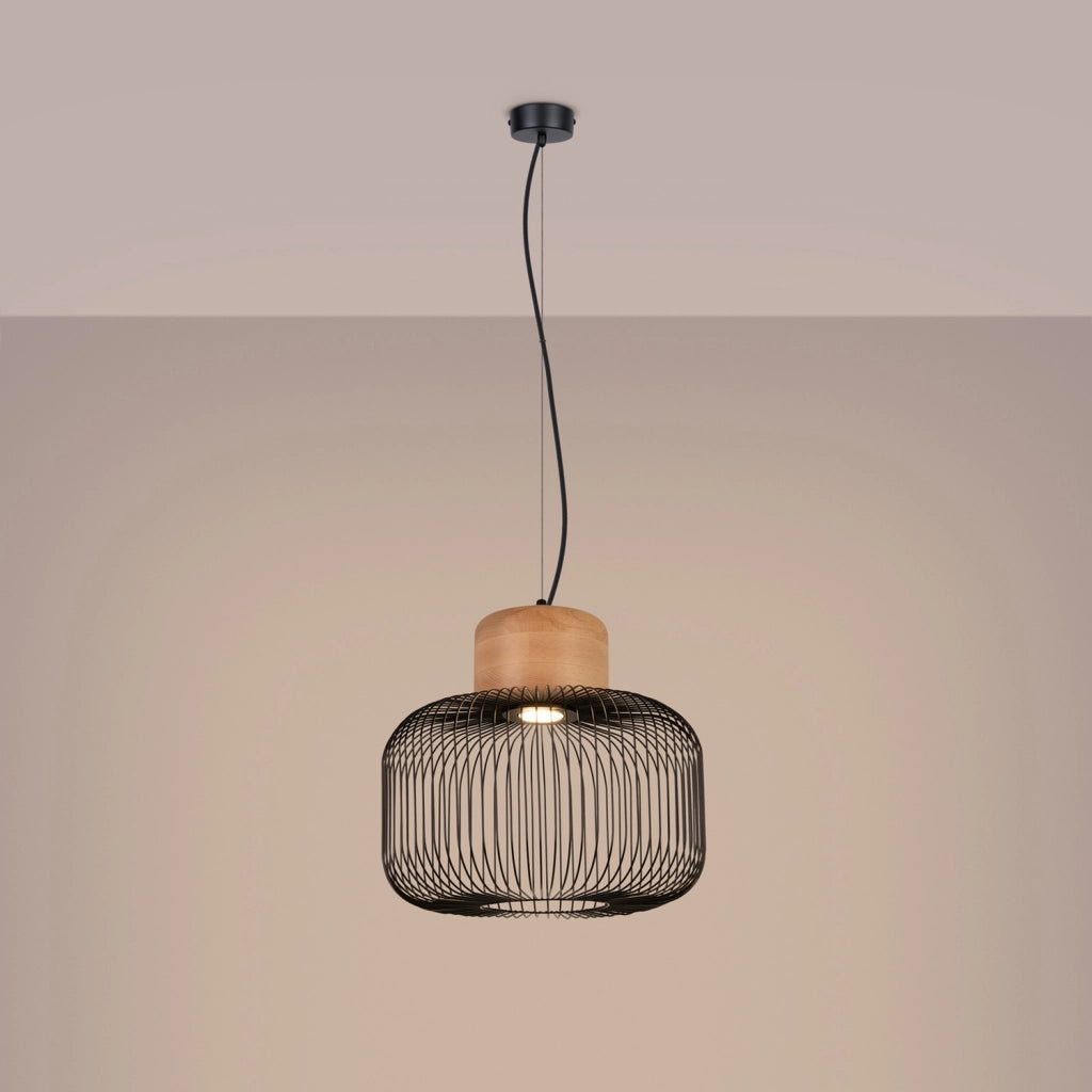 Lampada a sospensione industriale in acciaio e legno GABBIA Attacco E27 35/55 cm regolabile