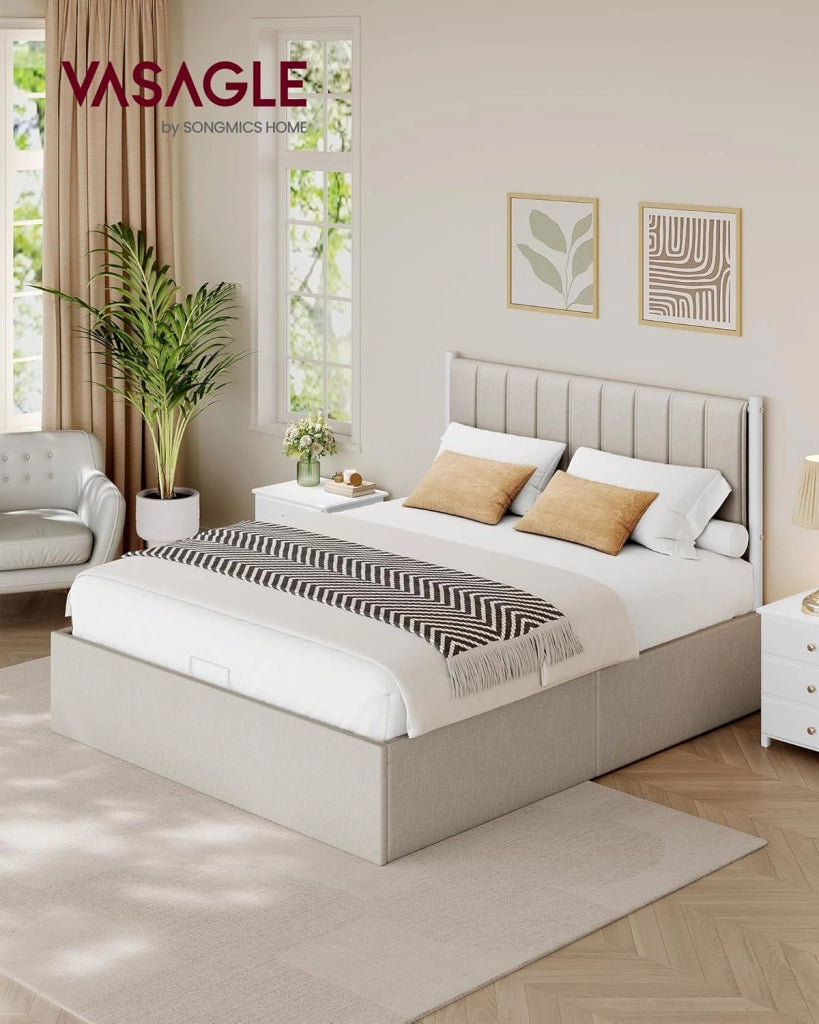 VASAGLE Struttura Letto, 160 x 200 cm, Letto Sollevabile con Contenitore, Testiera, Sollevamento Idraulico, Moderno e Semplice, Montaggio Facile, Beige Cappuccino RMB615LH01