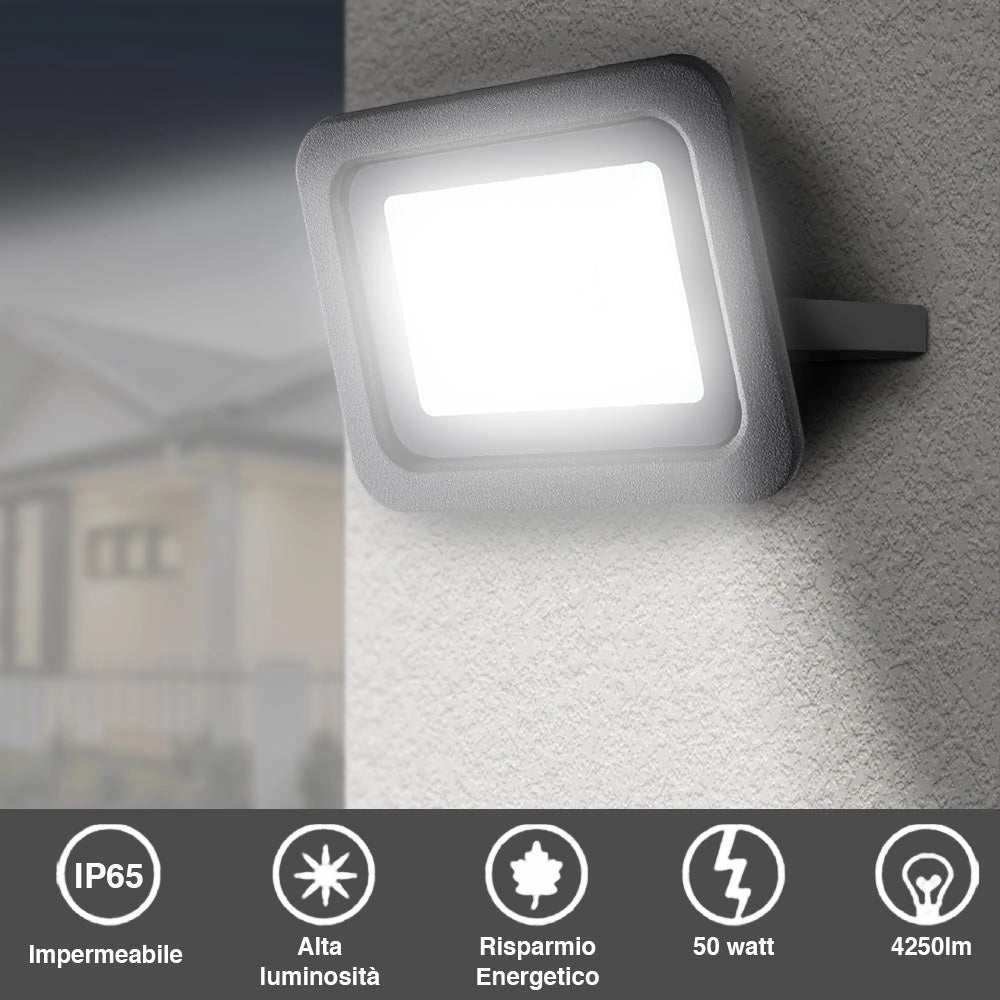 Faro Led 50W Luce Alta Luminosita 4250lm Faretto Esterno Slim Bianco Freddo IP65