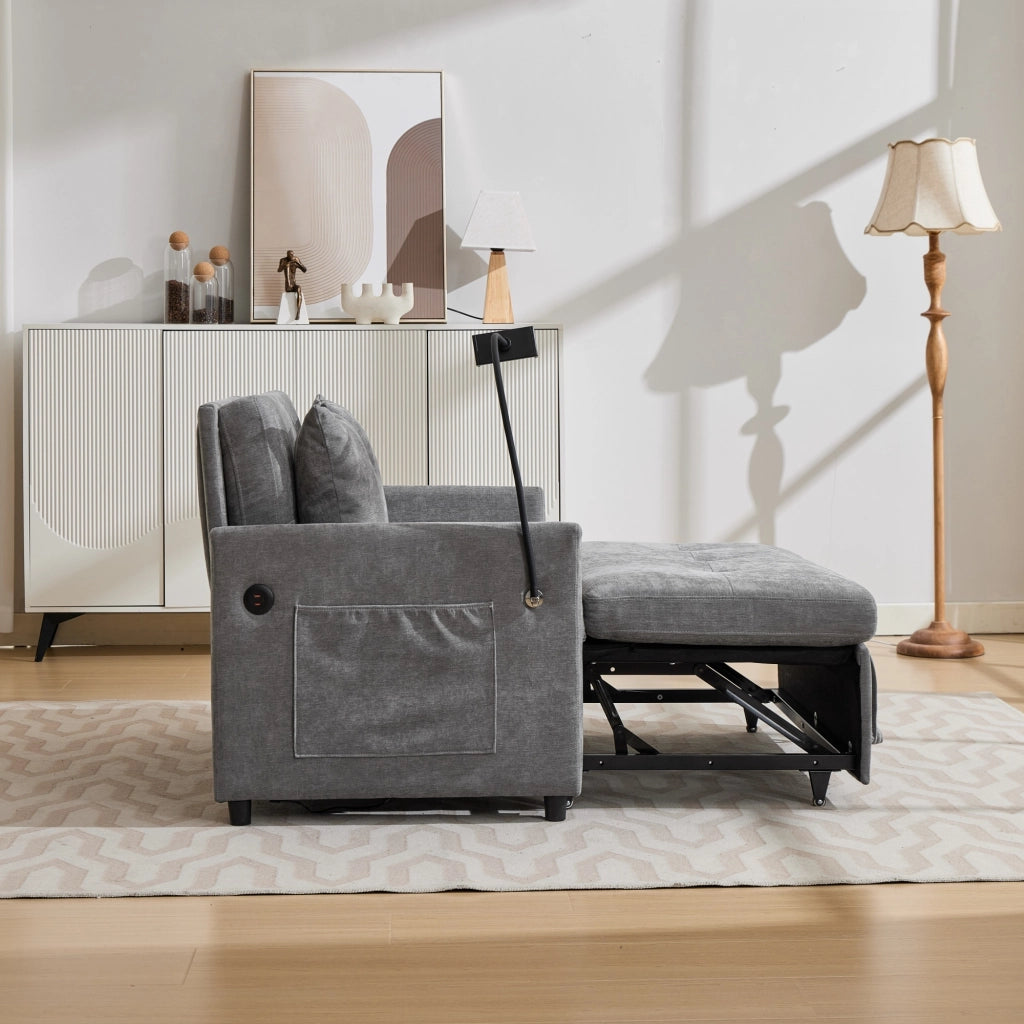 Divano convertibile con porta USB e supporto tablet in tessuto lino spazzolato per studio grigio 109 × 72 × 83,5 cm
