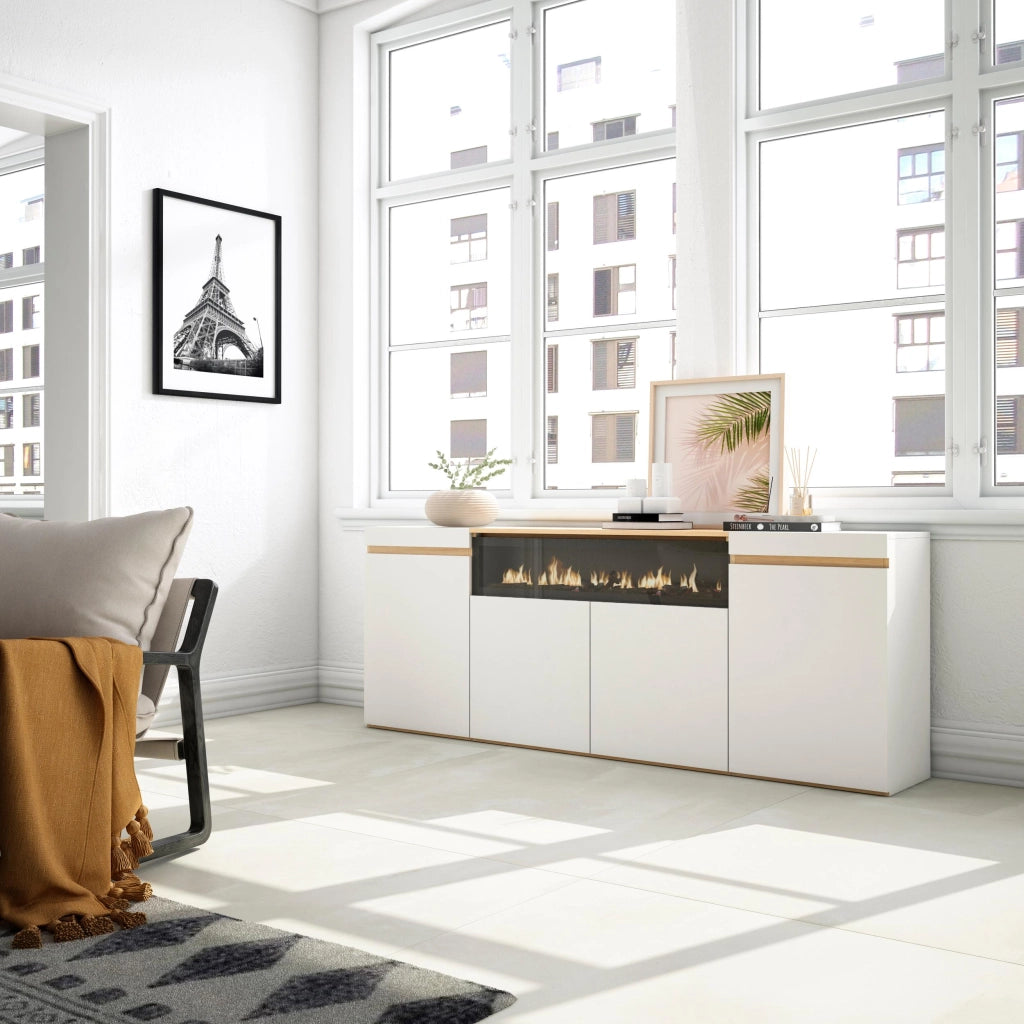 Credenza, Mobile, Cucina, 200x75x35cm, 4 Porte, Camino elettrico, Bianco e Rovere soft
